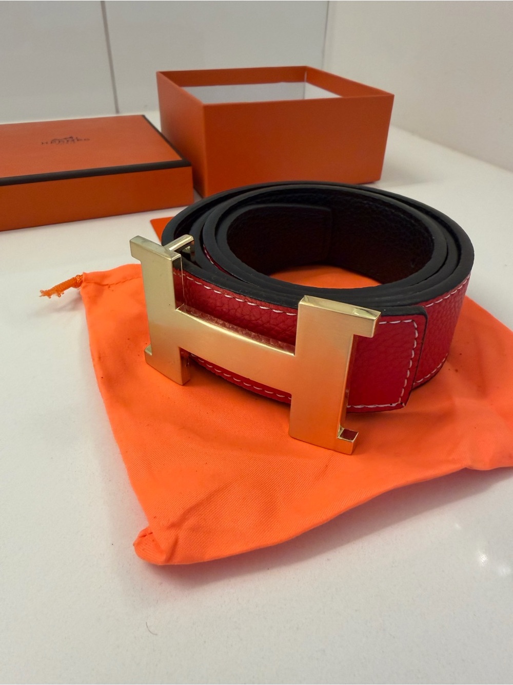 Hermès Reversible H Belt – Red & Black Leather, Gold H Buckle, Box & Dust Bag
